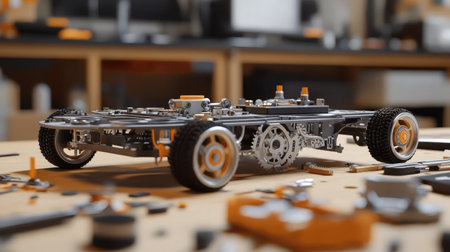 This image showcases a detailed view of an assembled technology model with gears and wheels, surrounded by various components in a creative workshop, highlighting innovation and design.の素材