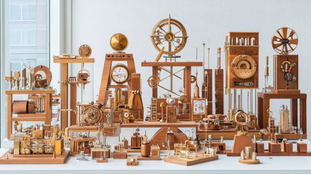 Explore a stunning collection of handcrafted steampunk-inspired mechanical models that blend vintage design with modern creativity, set in a bright and inviting studio space.の素材