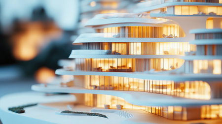 This image features an intricate architectural model highlighting modern design elements with soft lighting, representing innovative urban living and sustainable architecture concepts.の素材