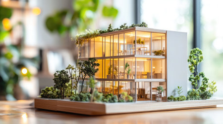 A stunning architectural model featuring a modern glass building surrounded by lush greenery, illustrating innovative design ideas for sustainable living and interior aesthetics.の素材