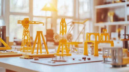 Bright and creative workspace showcasing intricate yellow construction models, highlighting design elements and innovative architecture in a modern studio environment.の素材