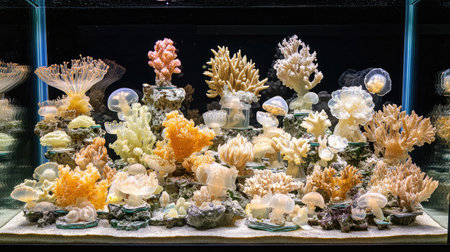 Explore the stunning beauty of an aquarium showcasing a variety of colorful corals and jellyfish, providing an immersive glimpse into marine life and underwater ecosystems.の素材