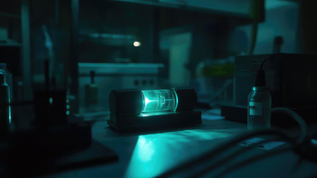 A glowing laboratory device casts an enchanting light in a darkened research setting, surrounded by various scientific equipment and glass containers, creating a captivating atmosphere.の素材