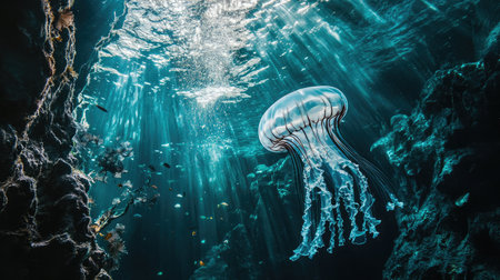 A mesmerizing jellyfish gracefully glides through the clear ocean, illuminated by sun rays, showcasing the beauty of marine life and the tranquil underwater environment.の素材