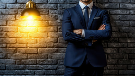 A stylish businessman stands confidently against a textured brick wall, illuminated by warm light, embodying professionalism and strength in a modern work environment.の素材