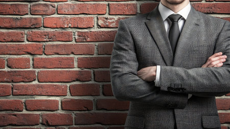 A serious businessman dressed in a stylish gray suit stands with arms crossed against a rustic brick wall, symbolizing strength, confidence, and professionalism in his career.の素材