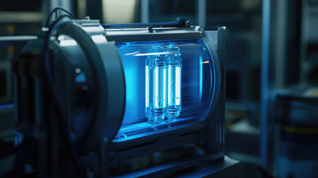 This image showcases a high-tech laboratory apparatus with glass tubes illuminated by a striking blue light, highlighting a modern scientific environment filled with advanced equipment.の素材