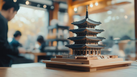A beautifully crafted model of a traditional Asian pagoda sits on a wooden table in a modern cafe, creating an inviting mixture of history and contemporary charm in a serene ambiance.の素材