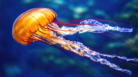 A stunning orange jellyfish gracefully swims in clear blue water, showcasing its long tentacles and transparent body. This captivating image highlights marine life and ocean beauty.の素材