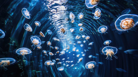A stunning display of jellyfish floating gracefully in a vibrant underwater scene, with captivating blue hues and soft lighting, creating a peaceful and dreamlike atmosphere in the ocean depths.の素材