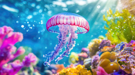 This stunning image captures a jellyfish gliding gracefully through a vibrant coral reef, showcasing the beauty of marine life and the serenity of underwater ecosystems.の素材