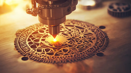 Captivating close-up of a laser cutter in action, highlighting the precision and artistry behind intricate wood designs in a modern workshop setting.の素材