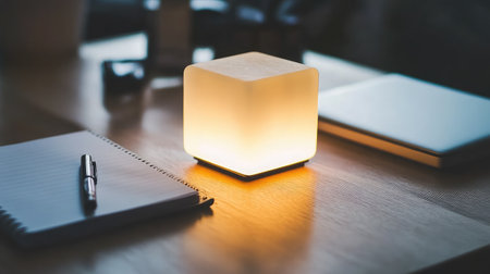 A serene workspace featuring a glowing cube lamp, notepad, and pen on a wooden desk. This minimalistic setup promotes creativity and focus in a bright, inviting environment.の素材