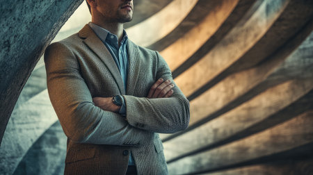 A confident man dressed in a stylish suit stands in a modern architectural space, showcasing a powerful image of professionalism against a dramatic backdrop.の素材