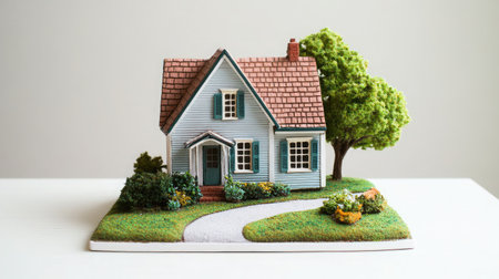 Delight in this charming miniature blue house model set on a green lawn, surrounded by colorful flower beds, perfect for creative projects or home decor.の素材
