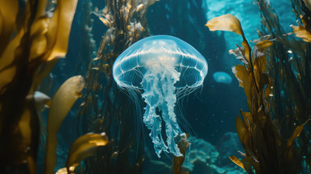 A mesmerizing jellyfish gracefully moves through a lively underwater environment, with delicate tentacles trailing amid lush seaweed, showcasing ocean's stunning beauty.の素材