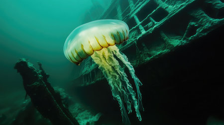 A stunning jellyfish drifts gracefully near a shipwreck, representing the beauty and mystery of underwater life in a serene marine environment.の素材