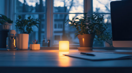 A modern workspace featuring soft lighting from a cube lamp, surrounding potted plants, and a calm evening setting, perfect for enhancing creativity and focus.の素材