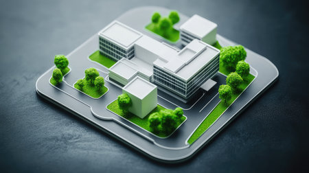 A detailed architectural model showcasing a modern urban complex featuring buildings, greenery, and pathways, emphasizing innovative design and urban planning concepts.の素材