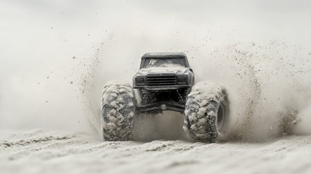 A dynamic scene featuring a black monster truck racing through dusty terrain, kicking up sand and dirt in an action-packed display of speed and power.の素材