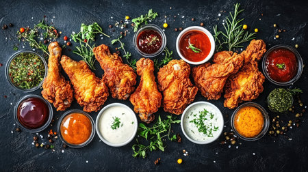 A visually stunning arrangement of crispy fried chicken drumsticks accompanied by a variety of flavorful dipping sauces and fresh herbs, perfect for any culinary setting.の素材