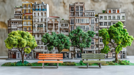 Miniature park scene featuring vibrant benches and lush trees set against a backdrop of urban buildings, highlighting the harmony between nature and city life.の素材