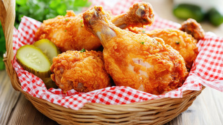 Indulge in these crispy fried chicken drumsticks served in a charming woven basket, perfectly paired with crunchy pickles and fresh herbs on a rustic wooden table.の素材