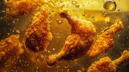 A stunning close-up captures delicious crispy chicken wings floating in vibrant bubbles of hot oil, embodying the essence of comfort food and culinary delight.の素材