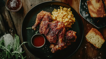 Indulge in a mouthwatering fried chicken dish served with sweet corn and cornbread, ideal for any gathering or family dinner on a rustic table.の素材