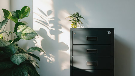 A stylish black filing cabinet stands in a modern office environment, accompanied by lush green plants and capturing soft shadows from natural light, creating a serene workspace.の素材