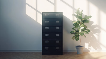A stylish black filing cabinet stands tall beside a lush potted plant, bathed in soft sunlight. The scene reflects an organized and inviting workspace atmosphere, perfect for creativity.の素材