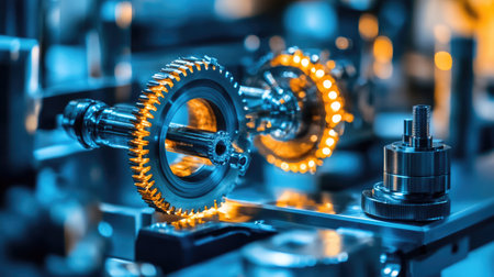 A vibrant close-up of advanced precision components highlighting intricate gear design and mechanical parts in a modern industrial environment.の素材