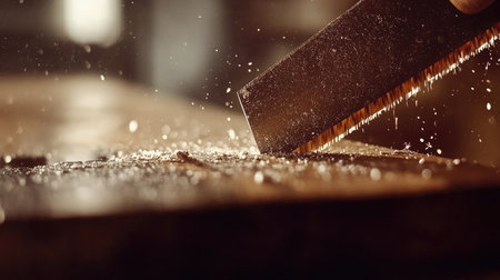An artisan skillfully uses a hand saw on wood, creating a beautiful scene filled with dust particles illuminated by warm light, showcasing the intricacies of traditional woodworking.の素材