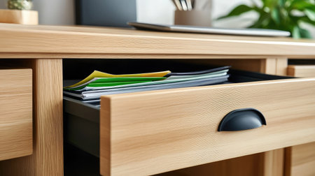 A close-up view of a modern wooden desk drawer showing neatly arranged documents and stationery items, providing a glimpse of an organized workspace in a bright, contemporary office setting.の素材