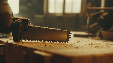 A close-up view captures a hand using a saw on wood, showcasing the art of traditional woodworking amidst floating sawdust particles, emphasizing skill and craftsmanship.の素材