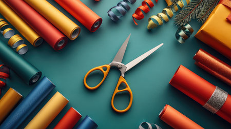 A vibrant arrangement of colorful wrapping paper, scissors, and festive decorations on a teal background, perfect for inspiring holiday gift wrapping and creative decorations.の素材