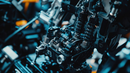 Explore the intricate details of automotive engine components, showcasing advanced engineering and technology in modern vehicle powertrain systems through a stunning close-up.の素材
