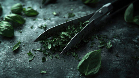 A close-up of fresh basil leaves being chopped with scissors on a dark stone surface, showcasing vibrant colors and textures ideal for culinary projects and recipe inspiration.の素材