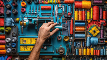 A vibrant craftsman's workshop filled with colorful threads and various tools, highlighting the art of sewing and the beauty of creativity and craftsmanship in action.の素材