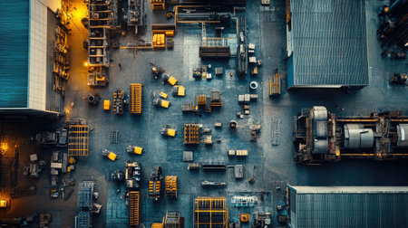 This aerial photograph showcases a bustling industrial warehouse filled with machinery and stacked materials, illuminated by warm lights, capturing the essence of urban logistics.の素材