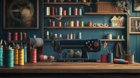 Discover a charming sewing machine amidst vibrant spools of thread and essential tools, capturing the beauty of creativity in a rustic workshop setting. Perfect for craft inspiration.の素材