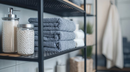 Soft towels neatly arranged on stylish shelves create a serene bathroom atmosphere, complemented by decorative containers and green accents for a tranquil experience.の素材