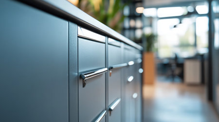 Explore a modern office cabinet in a stylish workspace, featuring sleek drawers and natural light, perfect for promoting organization and contemporary design aesthetics.の素材