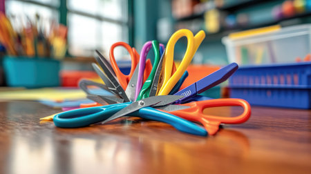 A close-up view of various colorful scissors elegantly arranged on a wooden desk, surrounded by art materials, illustrating a creative learning environment for children.の素材
