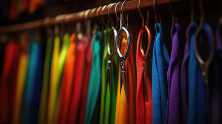 A vivid display of colorful fabrics hung on a rack showcases a rich spectrum of hues, perfect for inspiring creativity in any sewing or crafting project.の素材