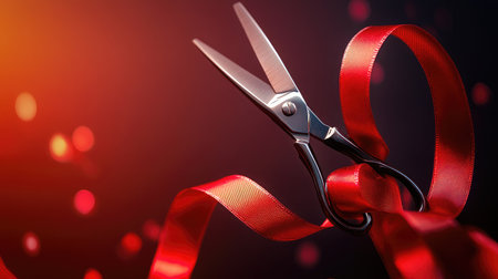 A pair of elegant silver scissors poised to cut a vibrant red ribbon, set against an artistic backdrop of warm bokeh lights, symbolizing celebration and special moments.の素材