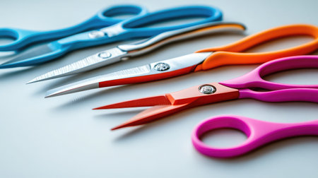 A vibrant display of scissors arranged in various colors and styles, perfect for showcasing tools for crafting, sewing, and artistic projects on a clean background.の素材