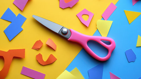 A pair of pink scissors rests on a bright background, surrounded by colorful paper cutouts, perfect for showcasing creativity and craft projects. Ideal for art enthusiasts and DIY lovers.の素材