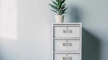 A stylish file cabinet featuring three drawers topped with a green potted plant, enhancing a modern workspace aesthetic and promoting tranquility in interior design.の素材
