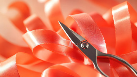 A close-up image featuring elegant silver scissors on soft peach ribbon, perfect for decoration, crafting, or gift-wrapping, highlighting creativity and elegance.の素材